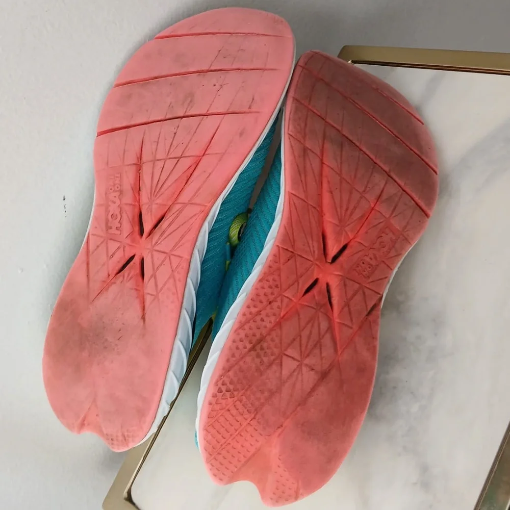 Hoka Clifton 9 Yellow Teal Running Shoes - Women’s Size 10B.